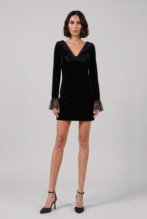 V Neck Velvet L/S Mini Dress With Lace Bow | Black