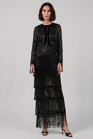 V Neckline Bow L/S Fringed Sequin Maxi Dress | Black