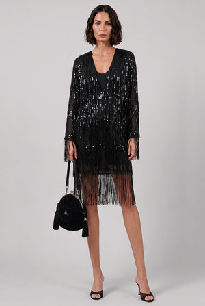 V Neckline Bow L/S Fringed Sequin Mini Dress | Black