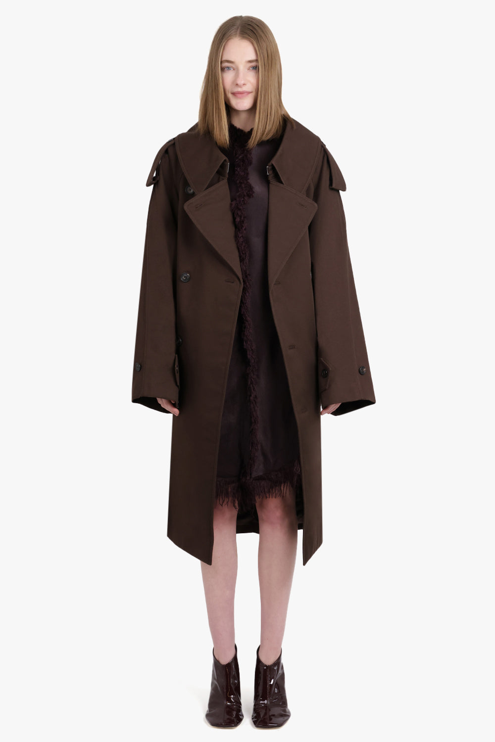 PHOEBE PHILO RTW Padded Trench Coat Exaggerated Collar | Dark Brown