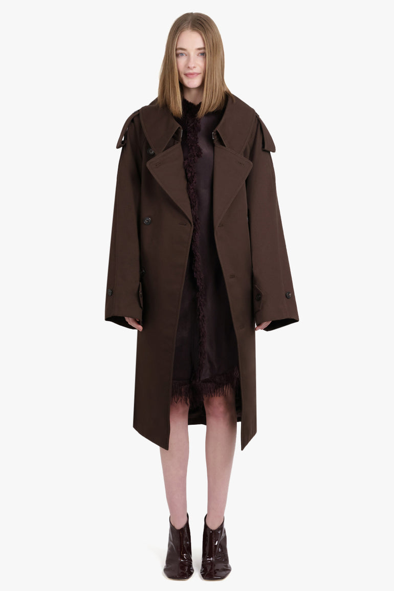 PHOEBE PHILO RTW Padded Trench Coat Exaggerated Collar | Dark Brown