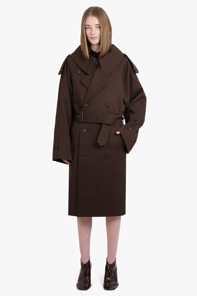 PHOEBE PHILO RTW Padded Trench Coat Exaggerated Collar | Dark Brown