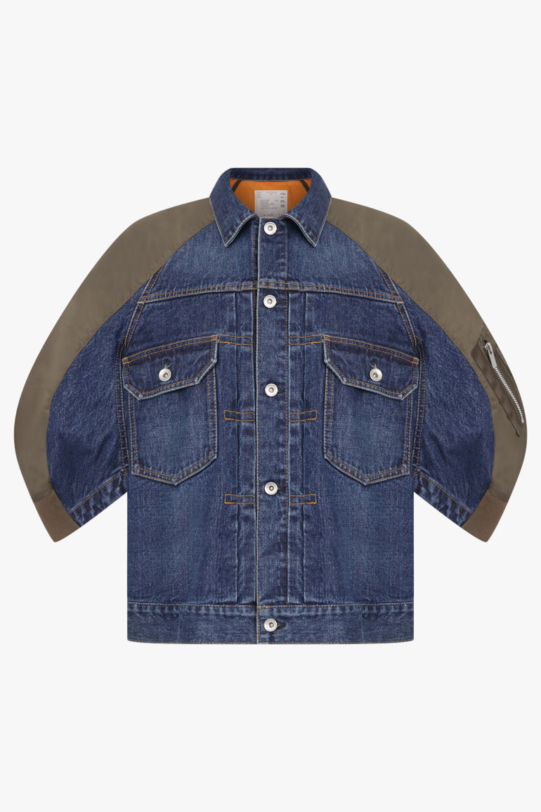 SACAI RTW Contrast Denim Jacket With 3/4 Sleeves | Blue/Khaki