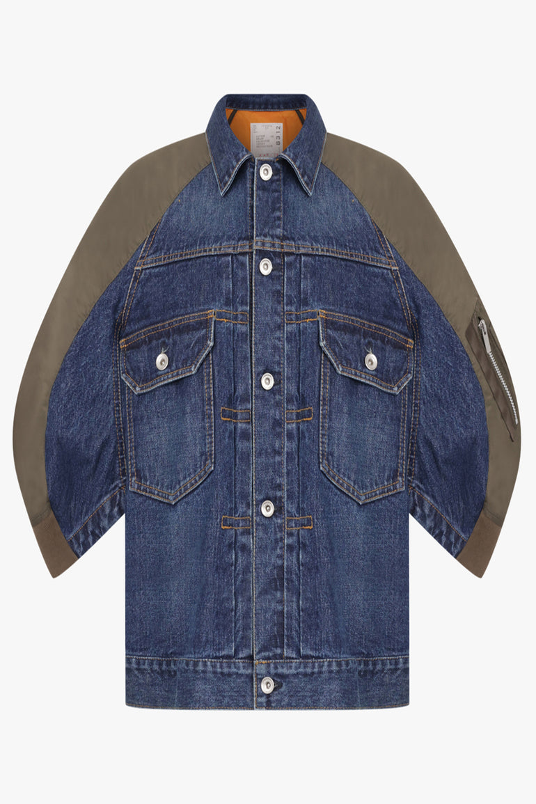 SACAI RTW Contrast Denim Jacket With 3/4 Sleeves | Blue/Khaki