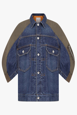 SACAI RTW Contrast Denim Jacket With 3/4 Sleeves | Blue/Khaki