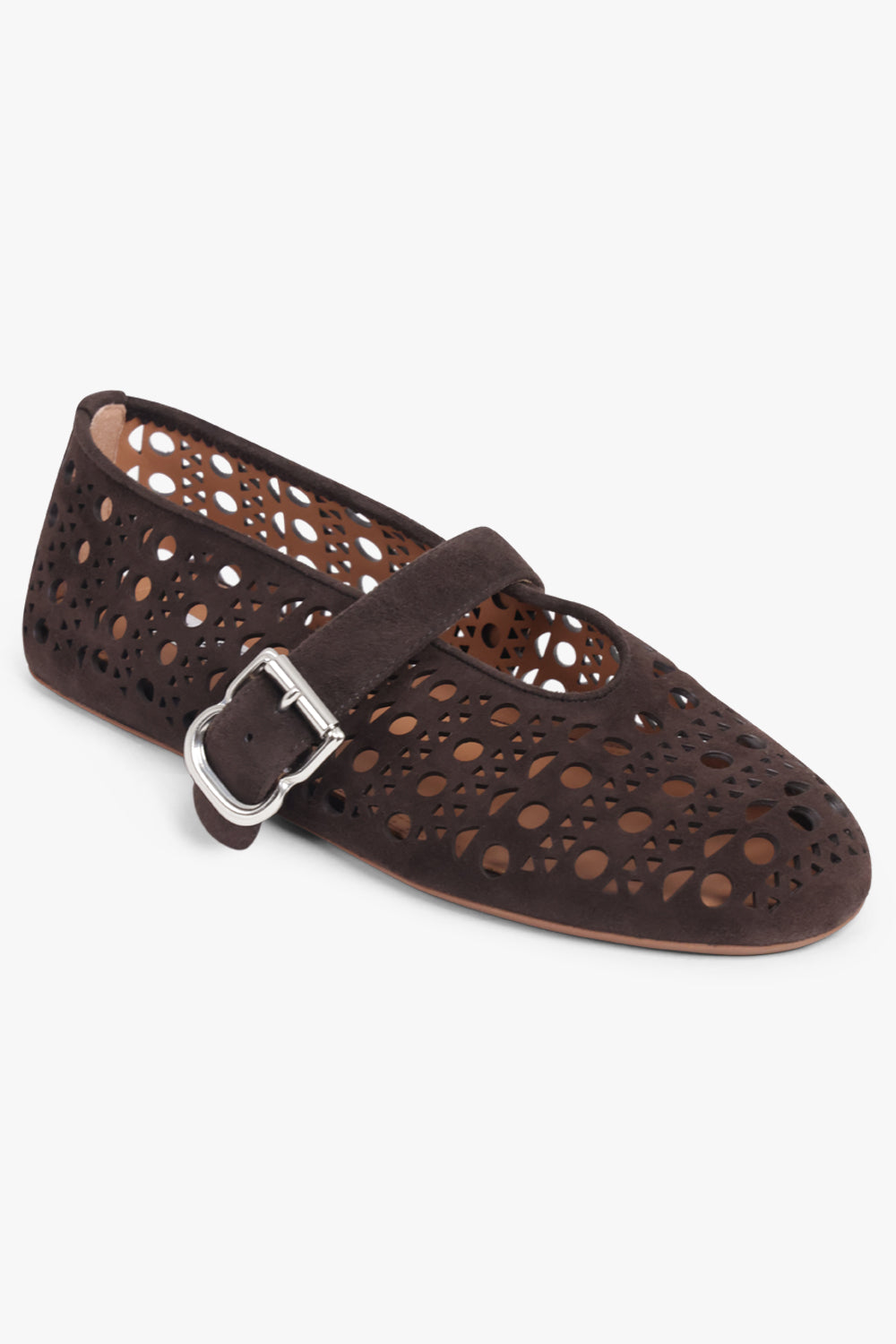 ALAIA SHOES Vienne Suede Perforated Ballet Flat | Dark Brown