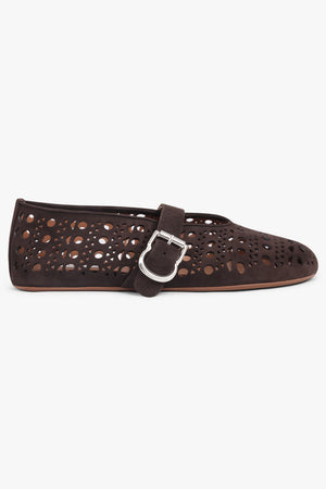 ALAIA SHOES Vienne Suede Perforated Ballet Flat | Dark Brown