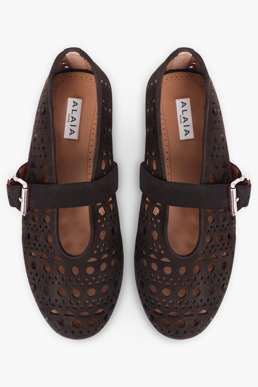 ALAIA SHOES Vienne Suede Perforated Ballet Flat | Dark Brown