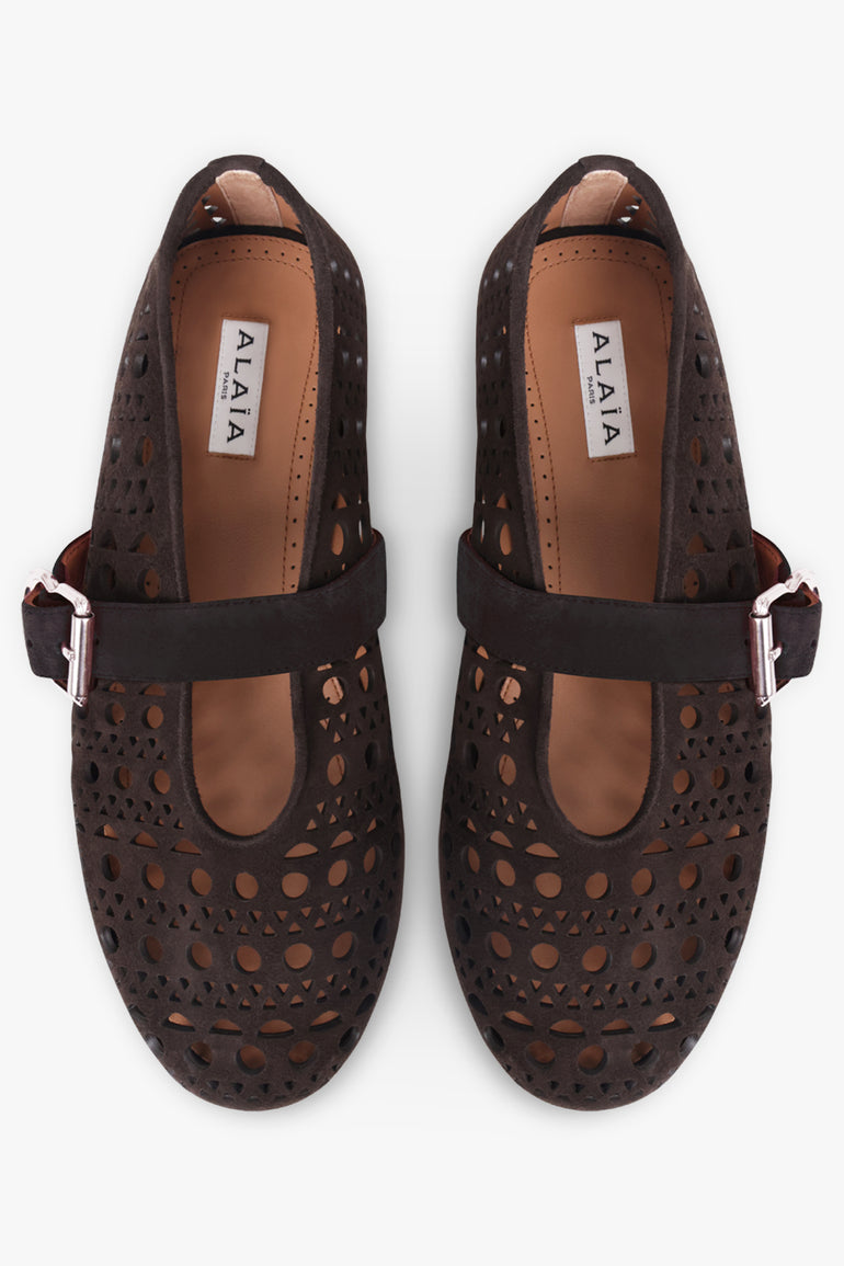 ALAIA SHOES Vienne Suede Perforated Ballet Flat | Dark Brown