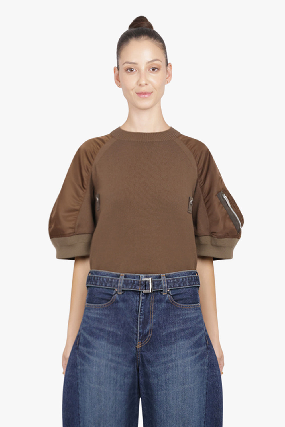 SACAI RTW S/S Contrast Sleeve Top | Brown