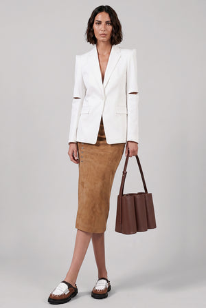 Asymmetric Ruched Leather Midi Skirt | New Caramel