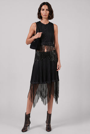 BUTTON RUCHED SLEEVELESS FRINGE TOP | BLACK