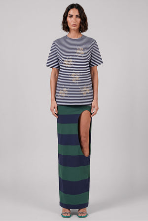 Backless Stripe S/S T-Shirt with Silver Motif | Blue/White