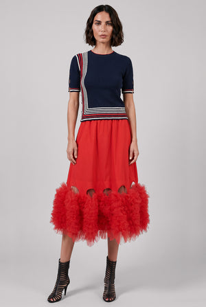 Boucle Stripe Detail S/S Knit Top | Navy/White/Red