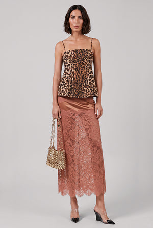 Lace X Stretch Panel Midi Skirt | New Caramel