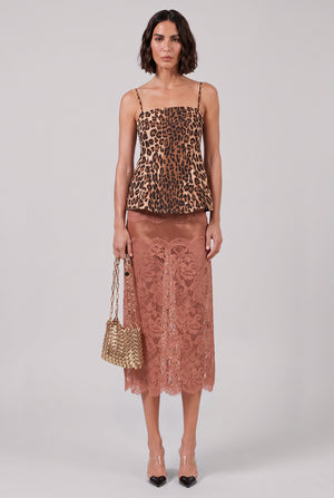 Lace X Stretch Panel Midi Skirt | New Caramel