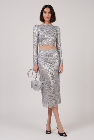 Metallic Cropped Lace L/S Top | Silver