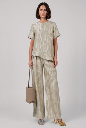 Wide Leg Pleat Pant | Metallic Silver