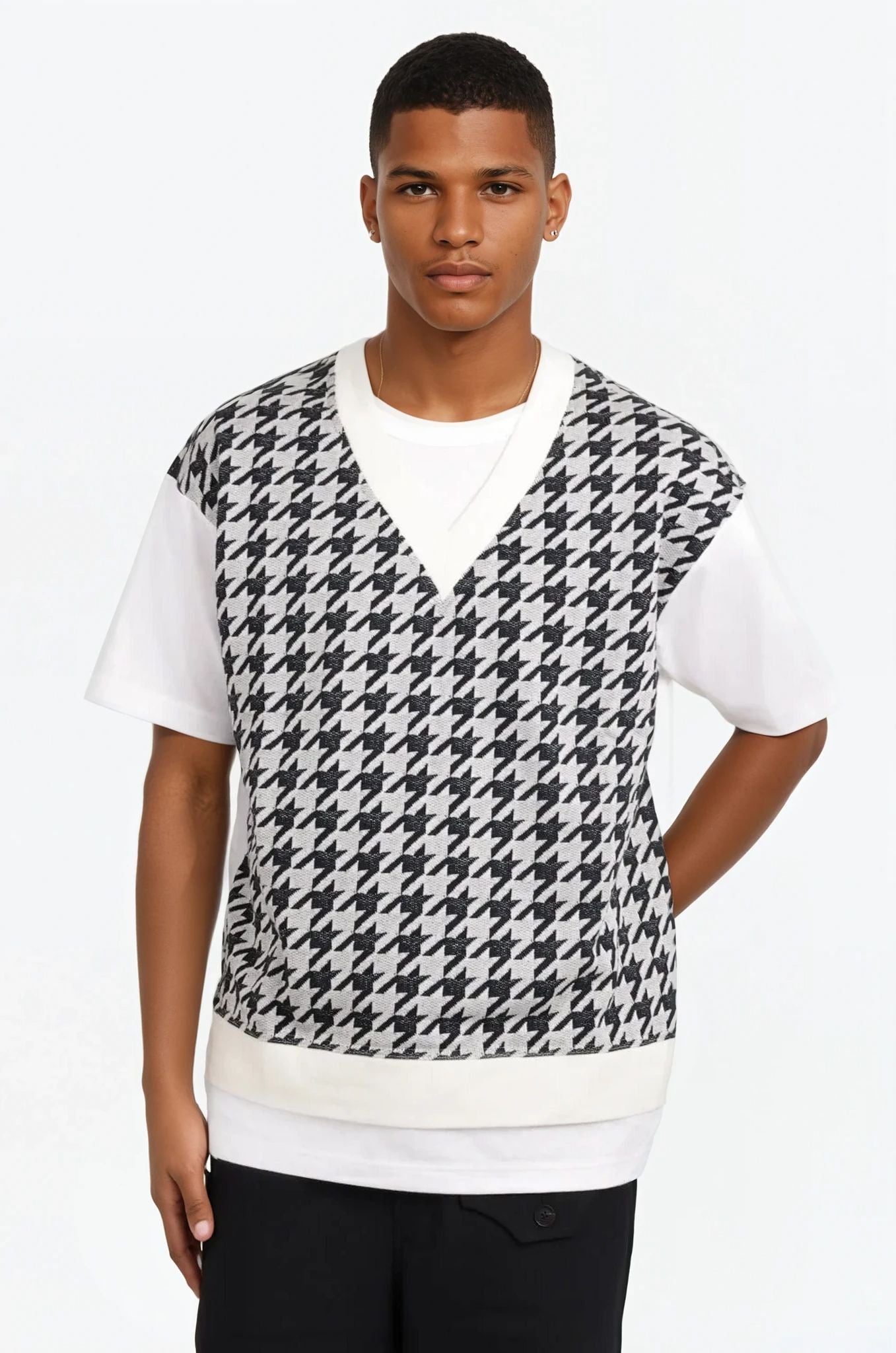 COMME DES GARCONS HOMME RTW Layered S/S T-Shirt/Houndstooth Knit | White/Black