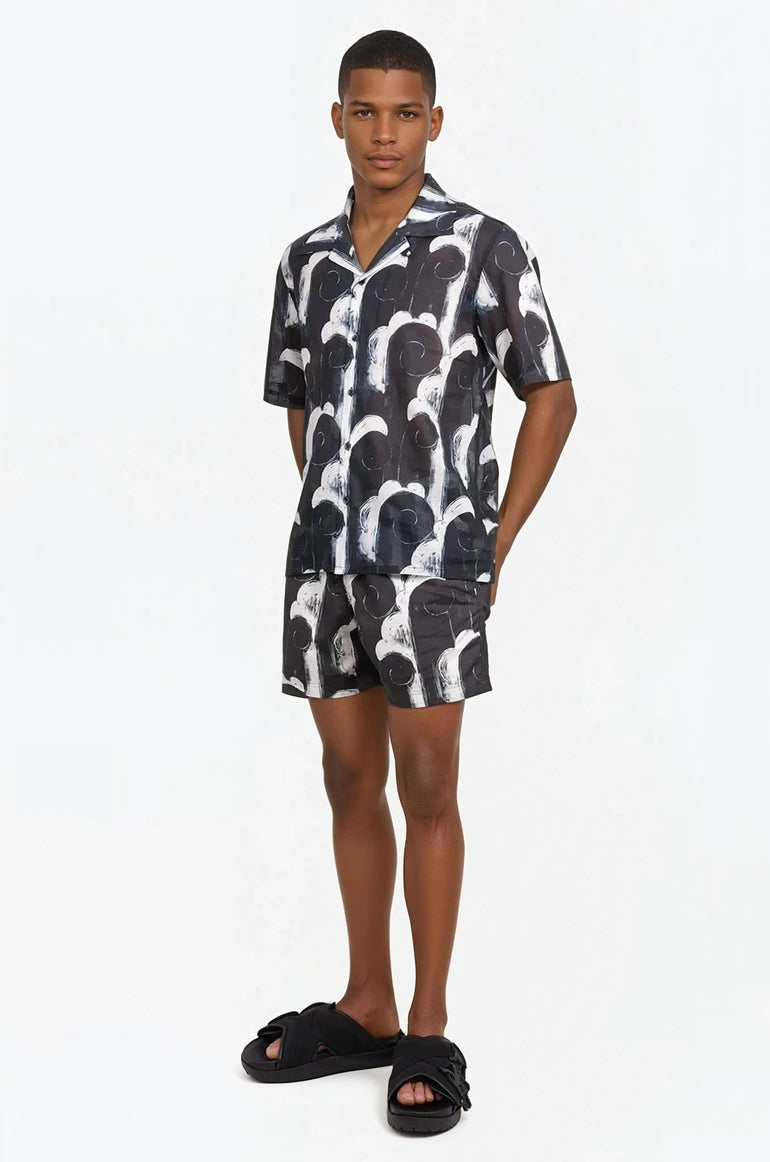 COMMAS RTW Camp Collar Abstract Print S/S Shirt | Black/White