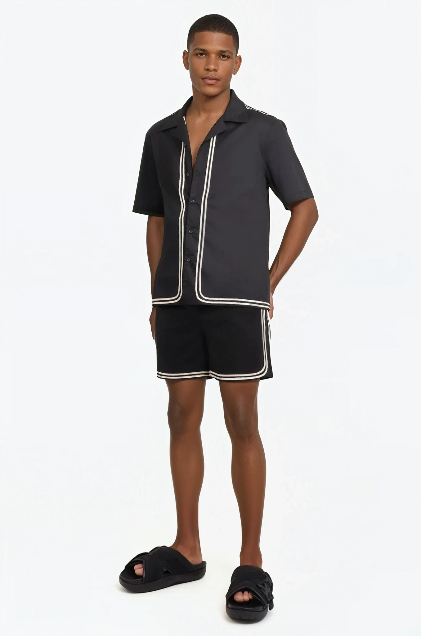 COMMAS RTW Braided Cord Camp Collar S/S Shirt | Black