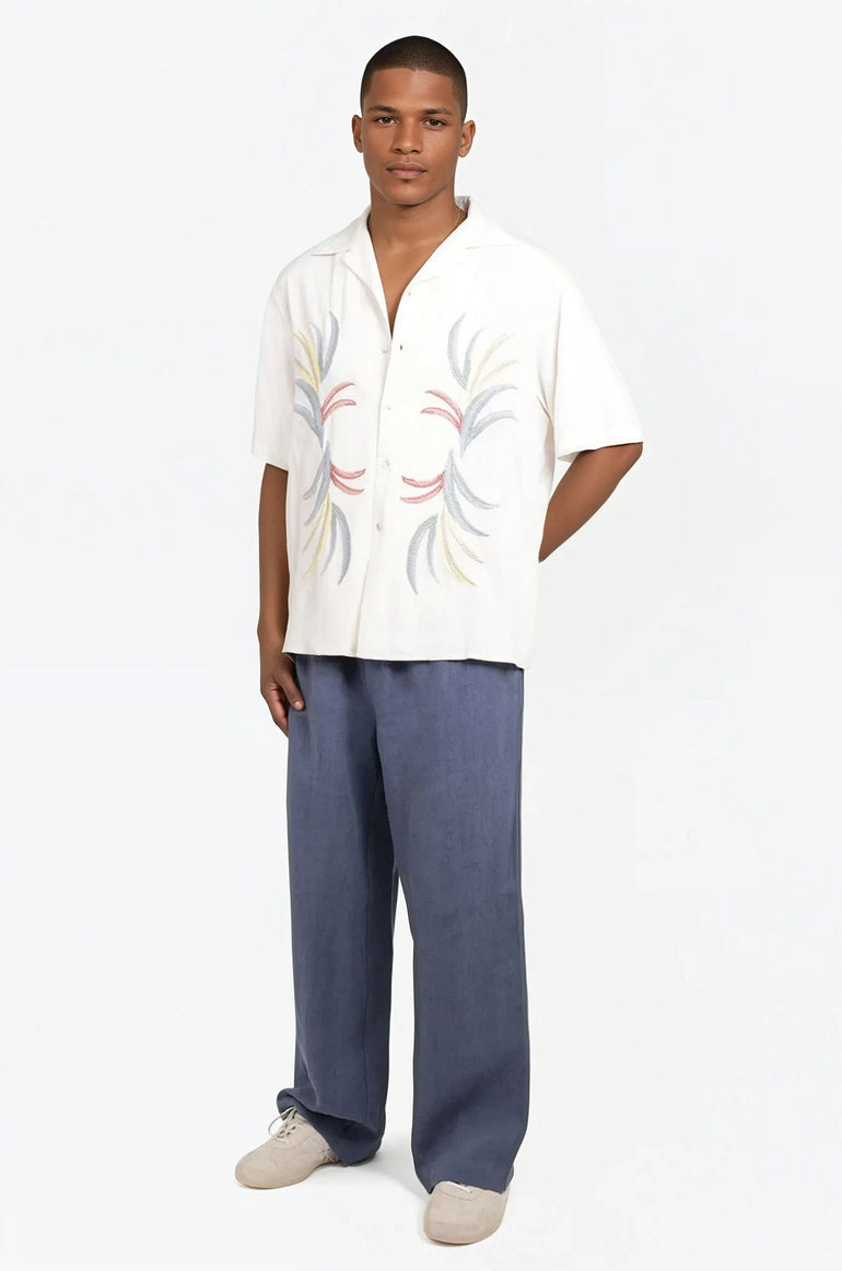 COMMAS RTW Palm Embroidered Camp Collar S/S Shirt | Off White/Multi