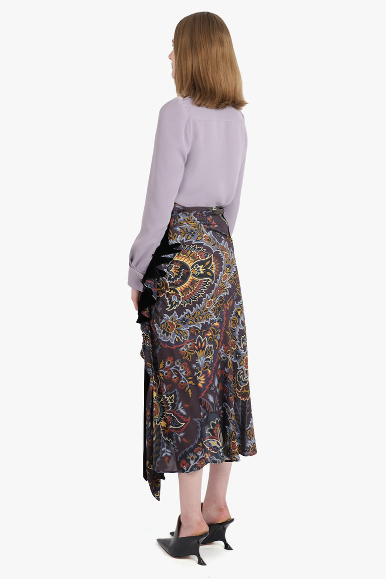 Draped Velvet Contrast Floral Print Midi Skirt Black/Multi