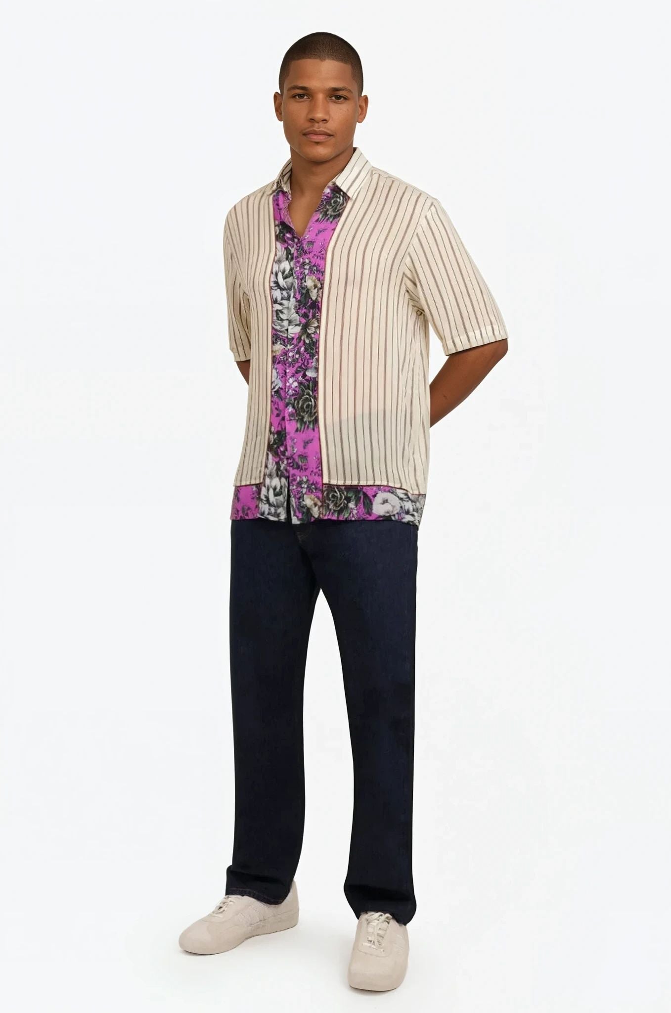 DRIES VAN NOTEN RTW CLASEN CONTRAST FLORAL STRIPE S/SLV SHIRT | ECRU/FUCHSIA