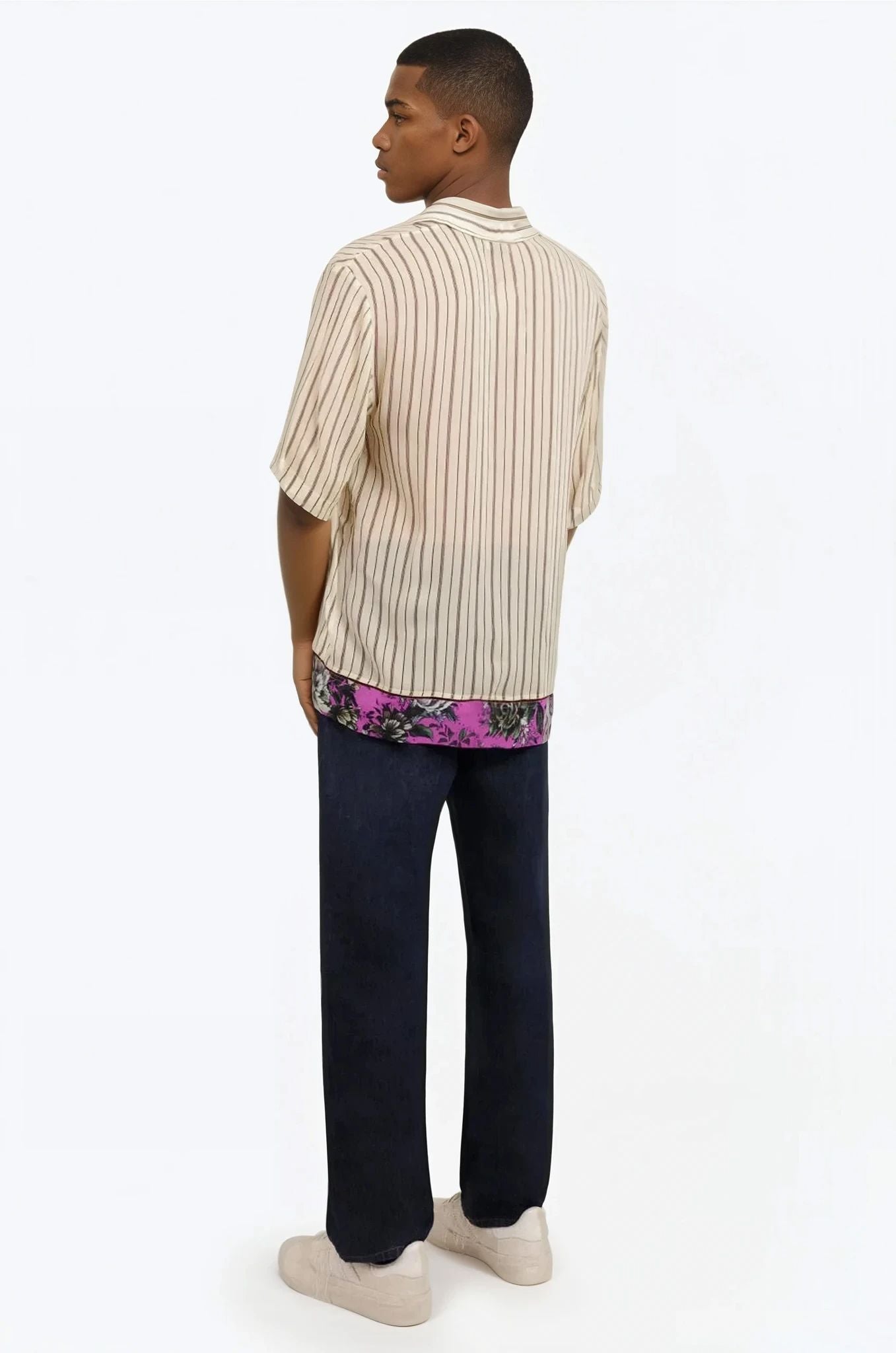 DRIES VAN NOTEN RTW CLASEN CONTRAST FLORAL STRIPE S/SLV SHIRT | ECRU/FUCHSIA