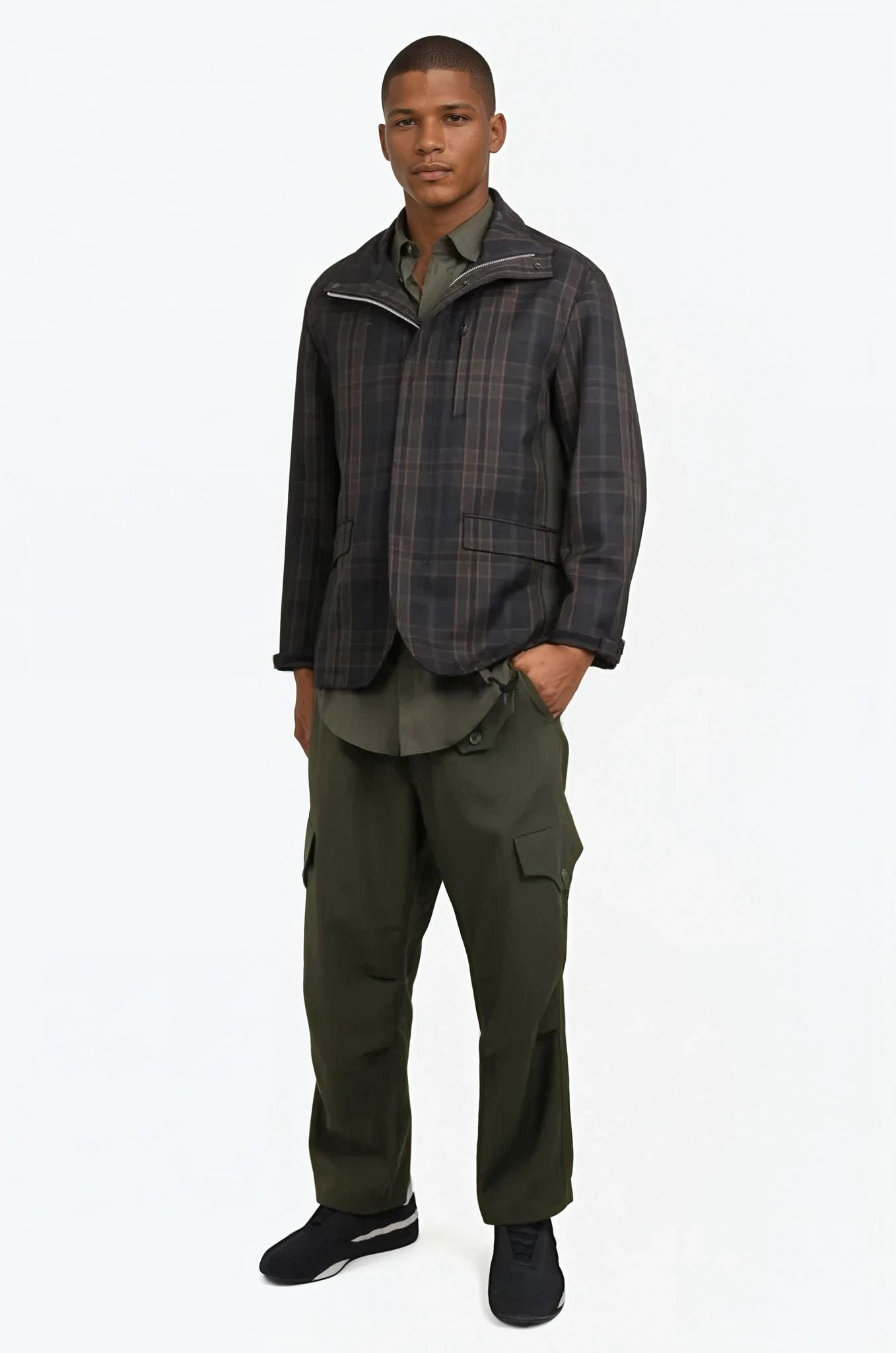 COMME DES GARCONS HOMME RTW Check Print Parker Jacket With Pocket Detail | Green/Black