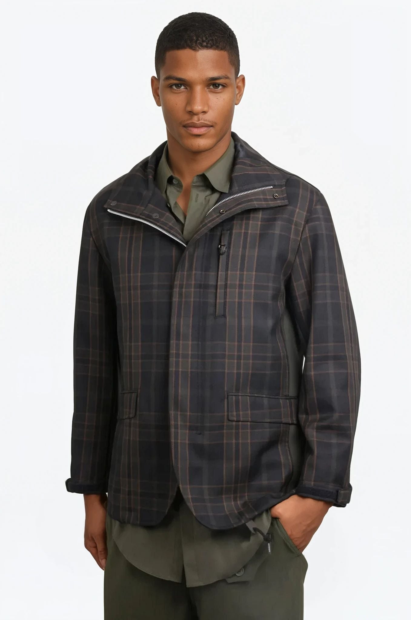 COMME DES GARCONS HOMME RTW Check Print Parker Jacket With Pocket Detail | Green/Black