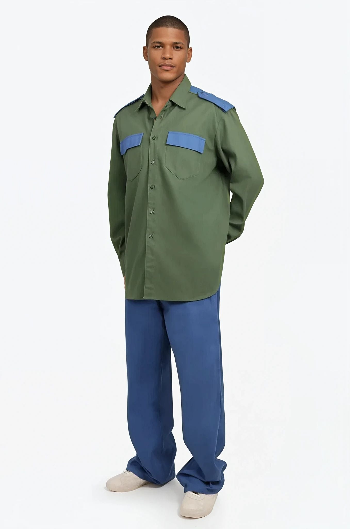 RAF SIMONS RTW BICOLOUR DENIM UNIFORM SHIRT | KHAKI/BLUE