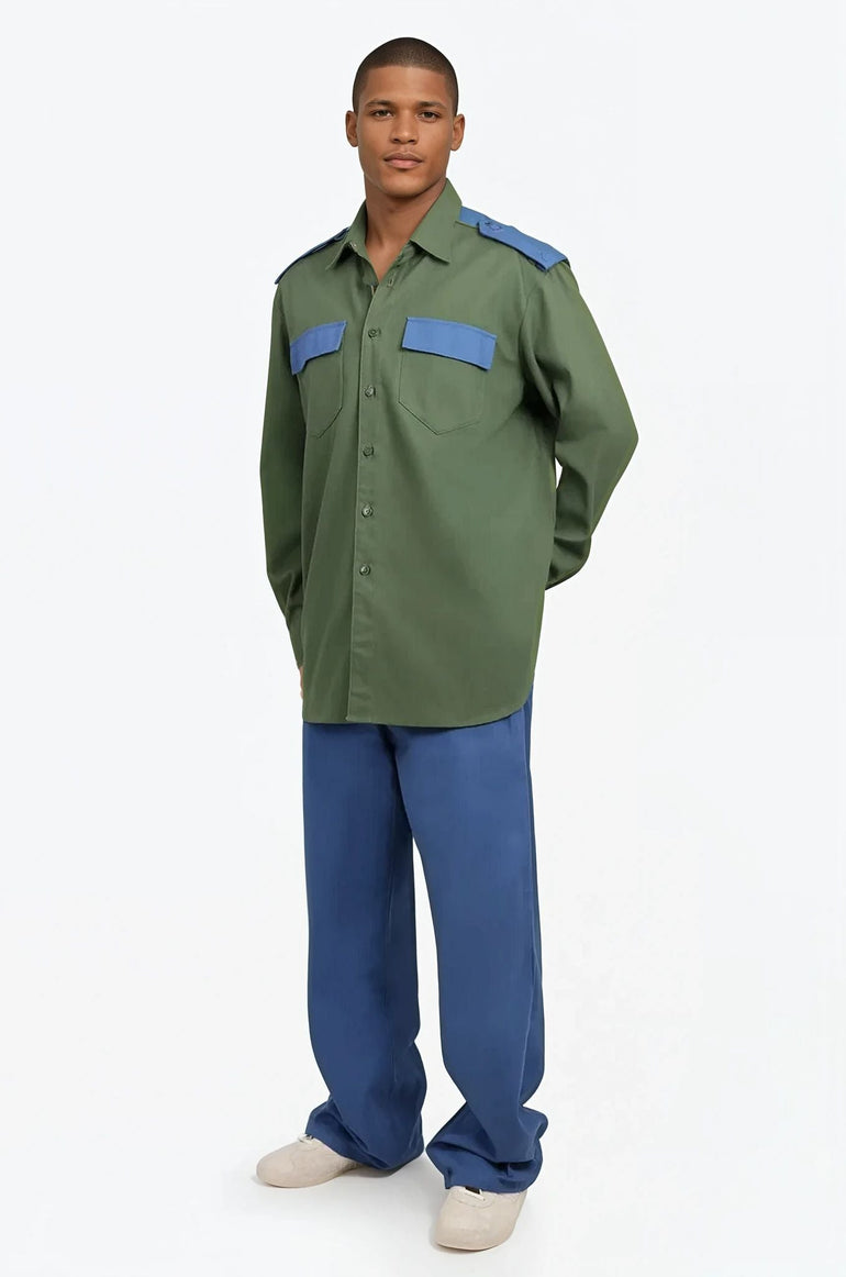 RAF SIMONS RTW BICOLOUR DENIM UNIFORM SHIRT | KHAKI/BLUE