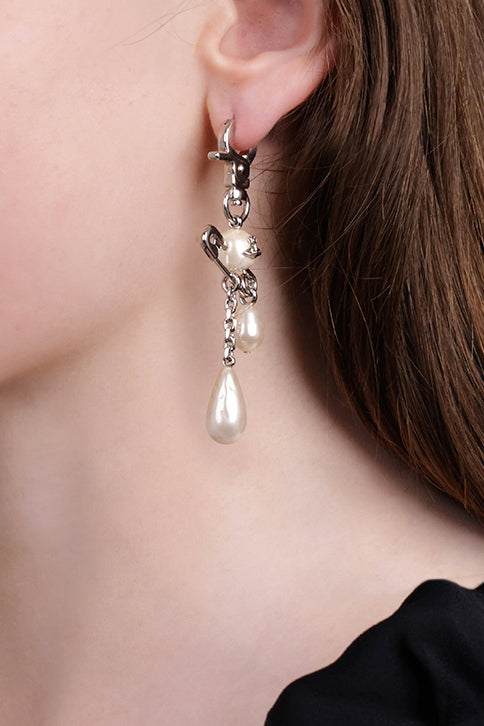 Claude Long Safety Pearl Earrings | Silver/White – Parlour X