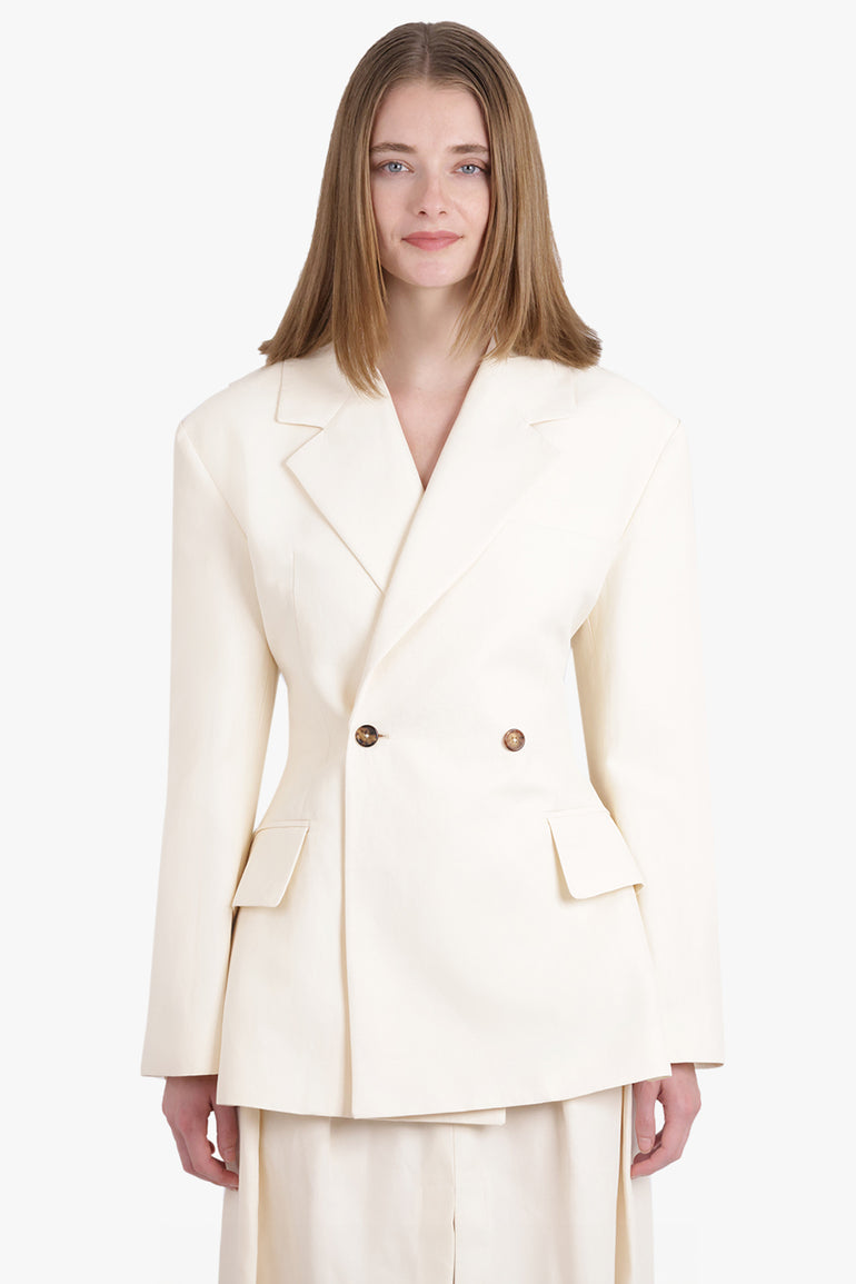 AWAKE MODE RTW Double Breasted Cutout Tie Detail Jacket | Ecru