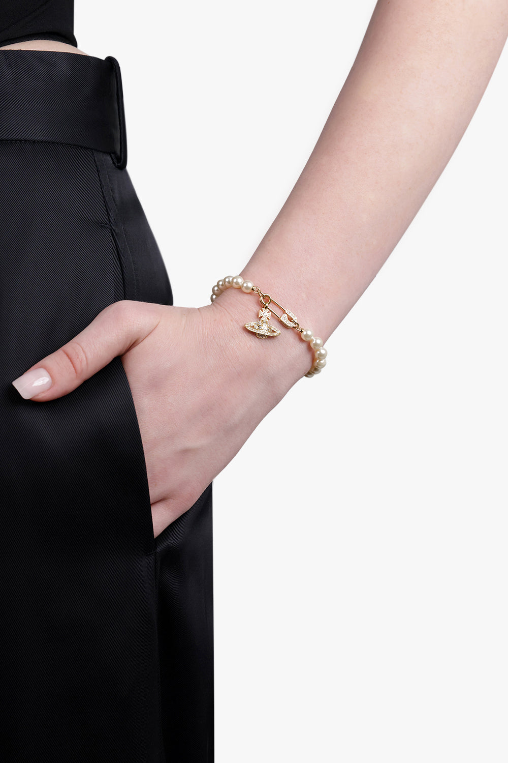 Lucrece Pearl Orb X Safety Pin Bracelet | White/Gold – Parlour X