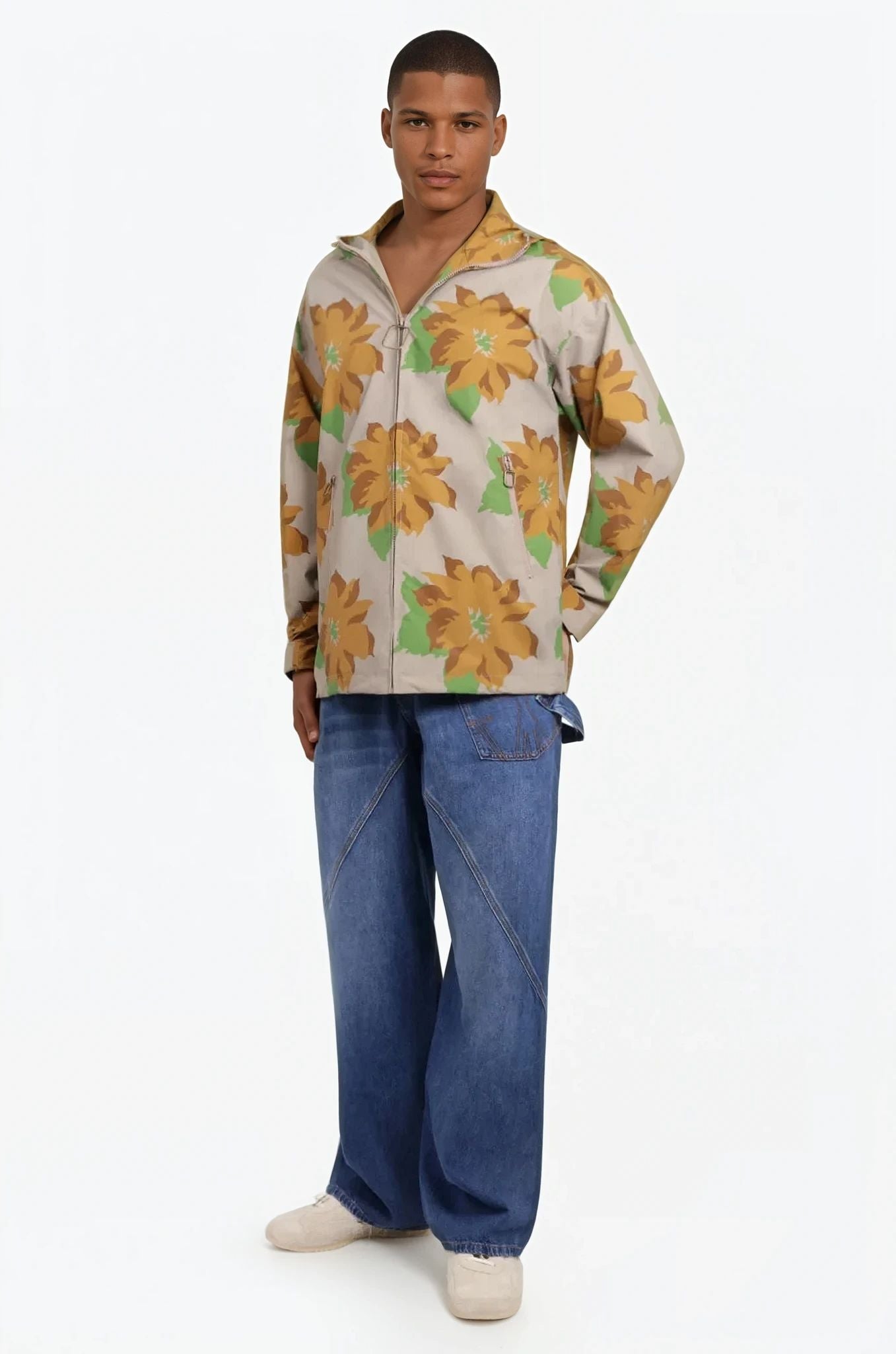 JW ANDERSON RTW Zip Front Hooded Floral Print Jacket | Orange/Green