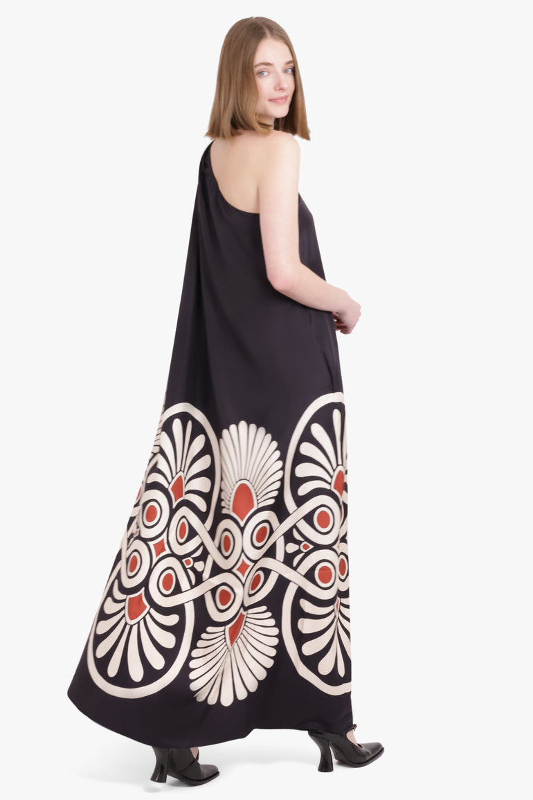 midi one shoulder long dress medallion print Casa Del Mar One-Shoulder Ruched Midi Dress Floral Blue