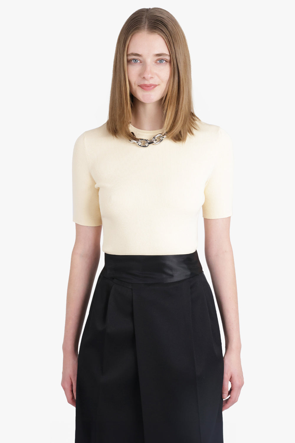 RABANNE RTW Chain Detail Crew Neck Top | Cream/Silver