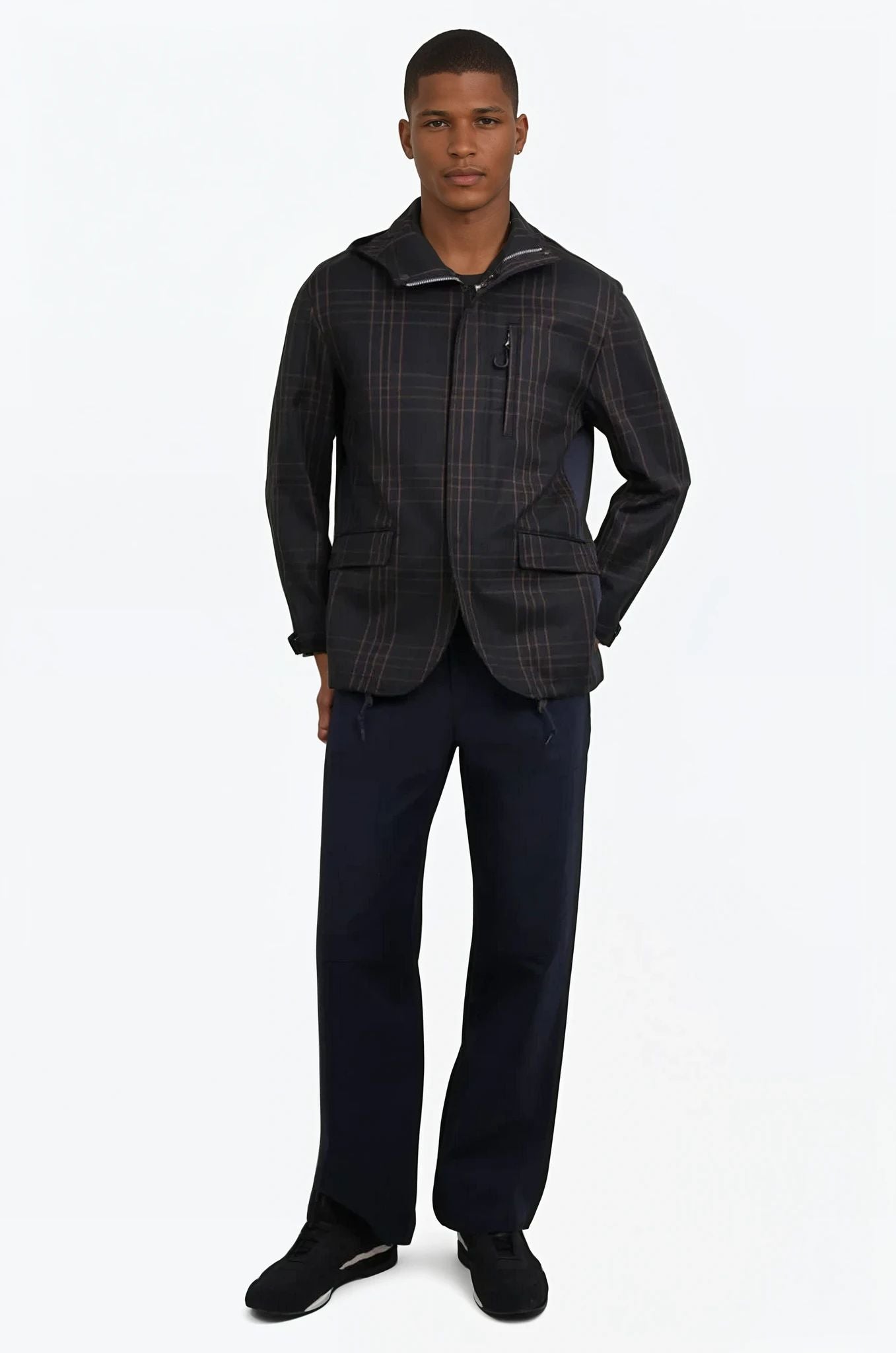COMME DES GARCONS HOMME RTW Check Print Parker Jacket With Pocket Detail | Navy/Burgundy