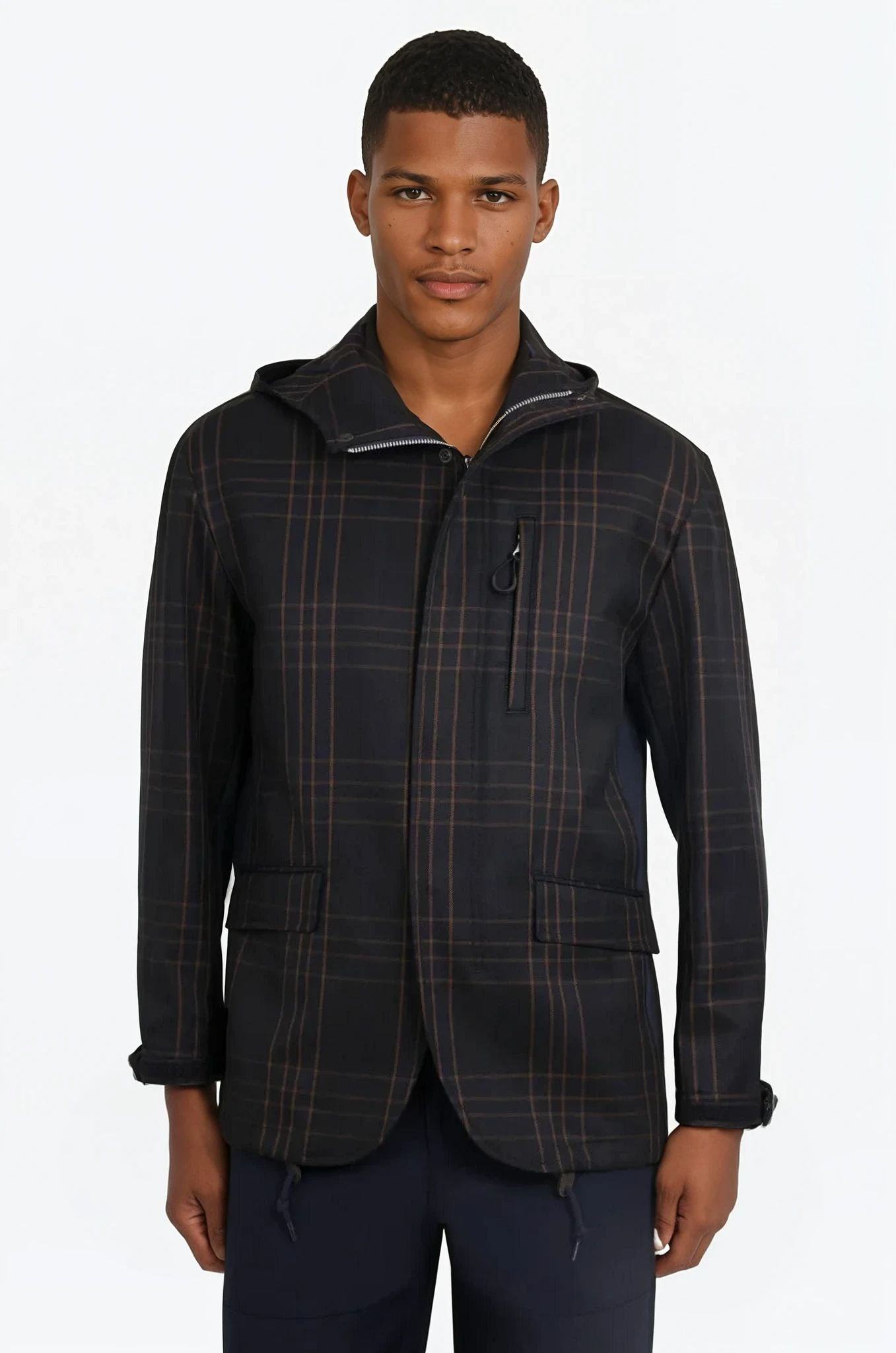 COMME DES GARCONS HOMME RTW Check Print Parker Jacket With Pocket Detail | Navy/Burgundy