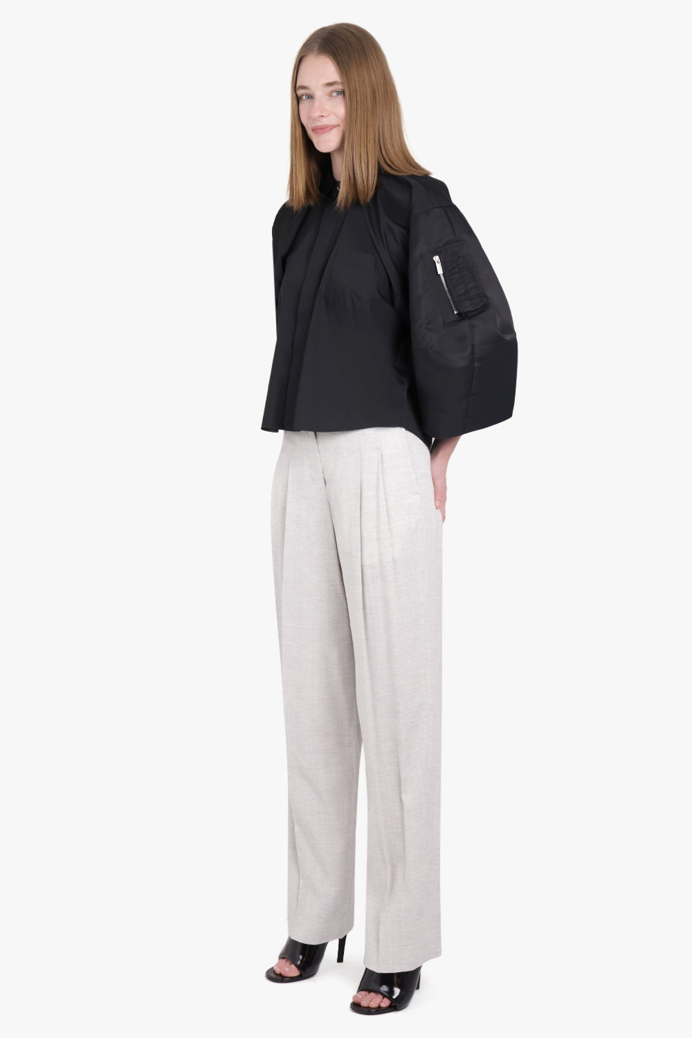 SACAI RTW Contrast Balloon L/S Cropped Shirt | Black
