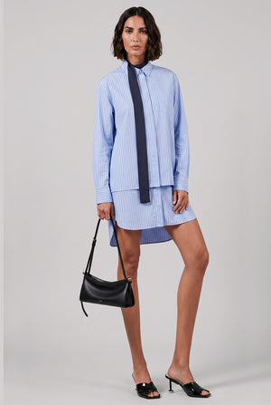 Layer stripe Shirt Dress with Tie Neck Detail | Blue