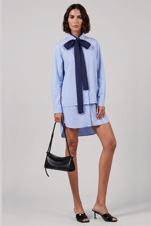 Layer stripe Shirt Dress with Tie Neck Detail | Blue