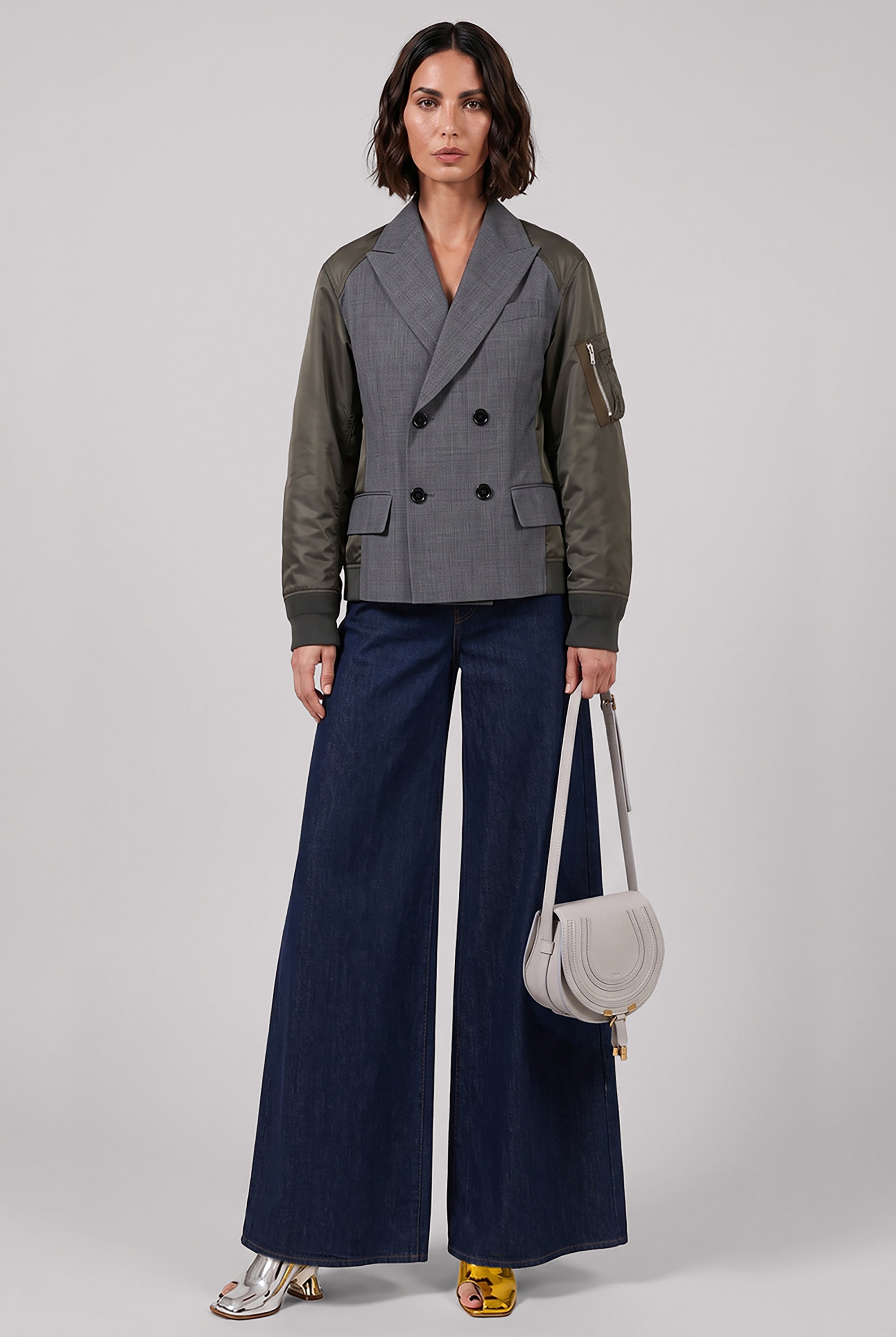 SACAI SUIT JACKET WITH CONTRAST SLEEVE GREY/KHAKI NEW SEASON