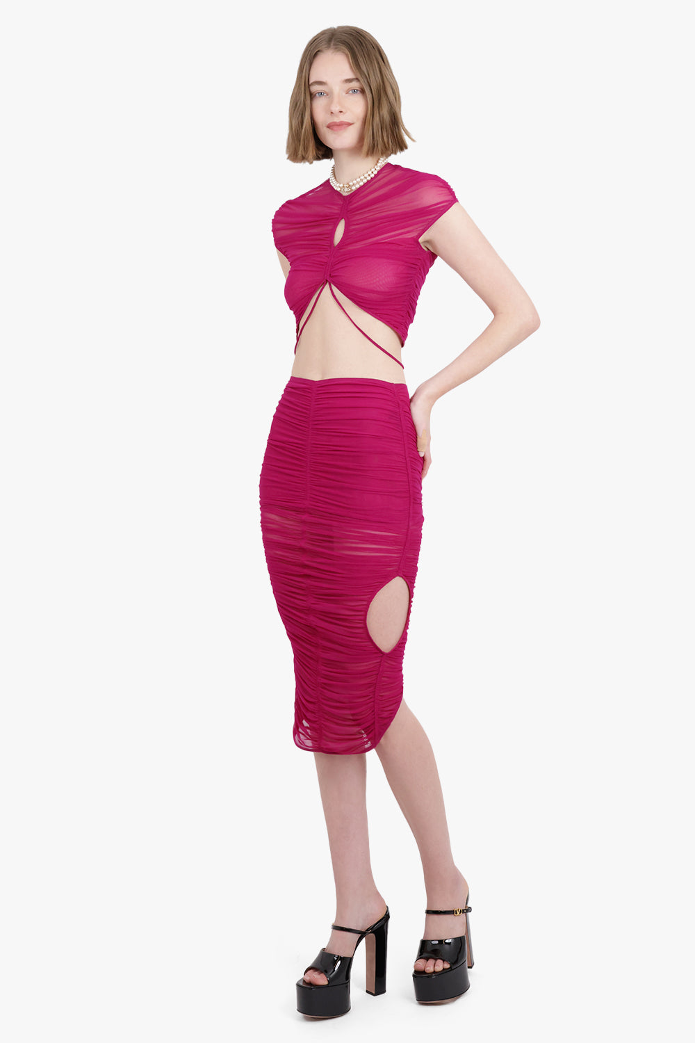 MUGLER RTW Sheer Mesh Short Sleeve Crop Top | Magenta