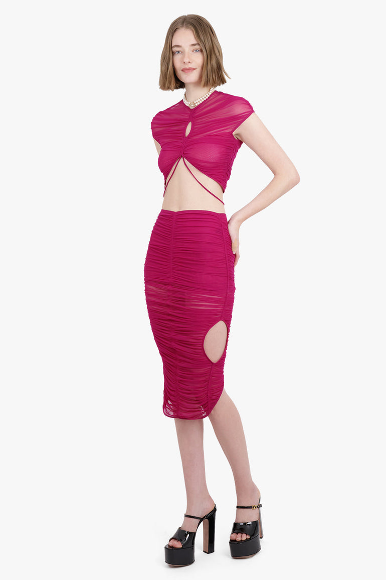 MUGLER RTW Sheer Mesh Short Sleeve Crop Top | Magenta
