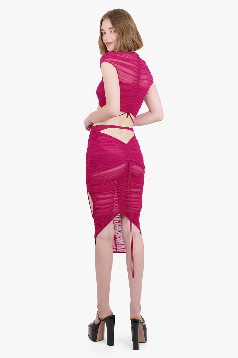 MUGLER RTW Sheer Mesh Short Sleeve Crop Top | Magenta
