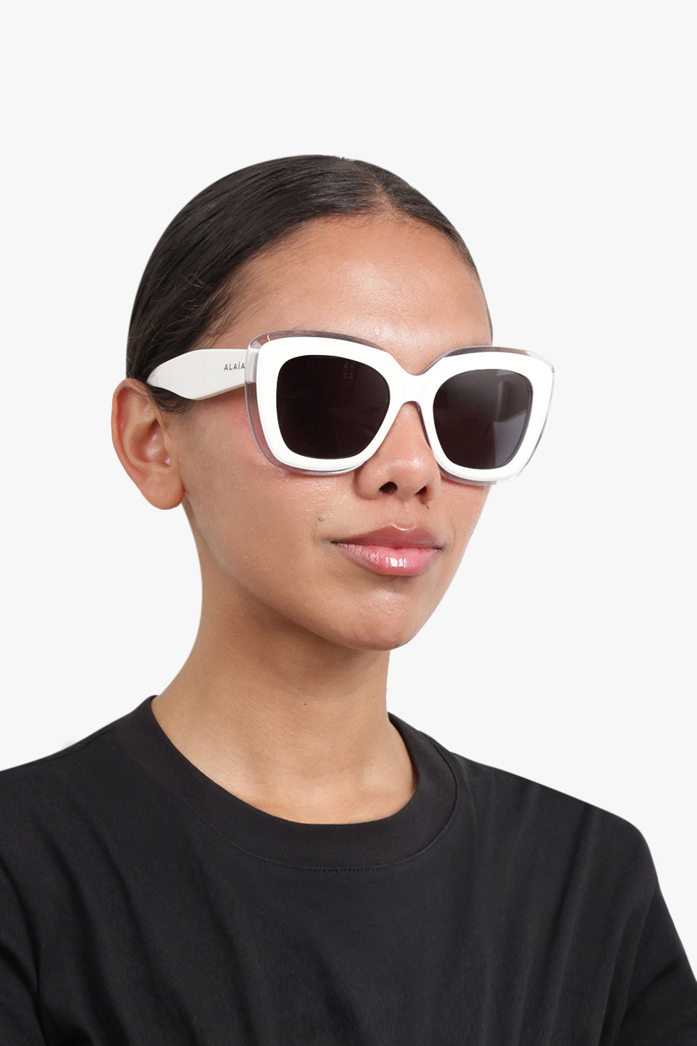 ALAIA ACCESSORIES WHITE / WHITE-WHITE-GREY AA0072S Square Frame Sunglasses with Acrylic Edge | White
