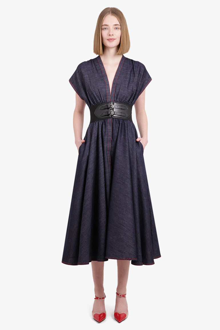 alaia belted denim midi wrap dress Denim Belted Midi Dress